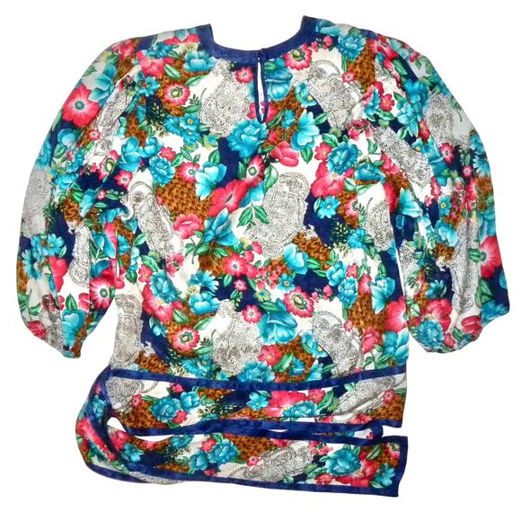 80s DIANE FREIS Floral Silk Blouse w Sash | Blouson Tunic XS/S - Picture 7 of 9